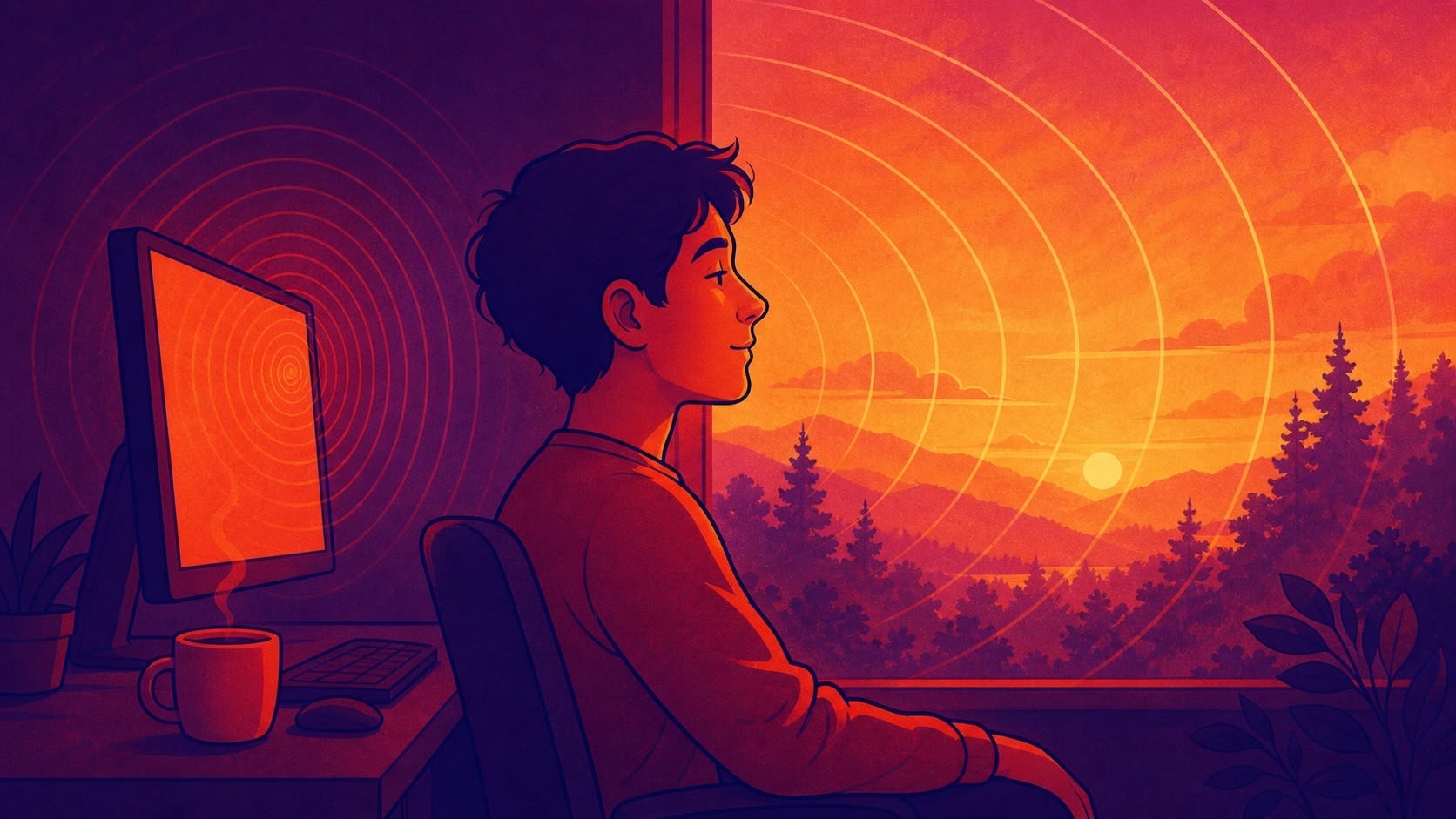 Illustration of a person turning from a nearby computer screen to look through a window at distant trees, with focus rings shifting from tight to wide