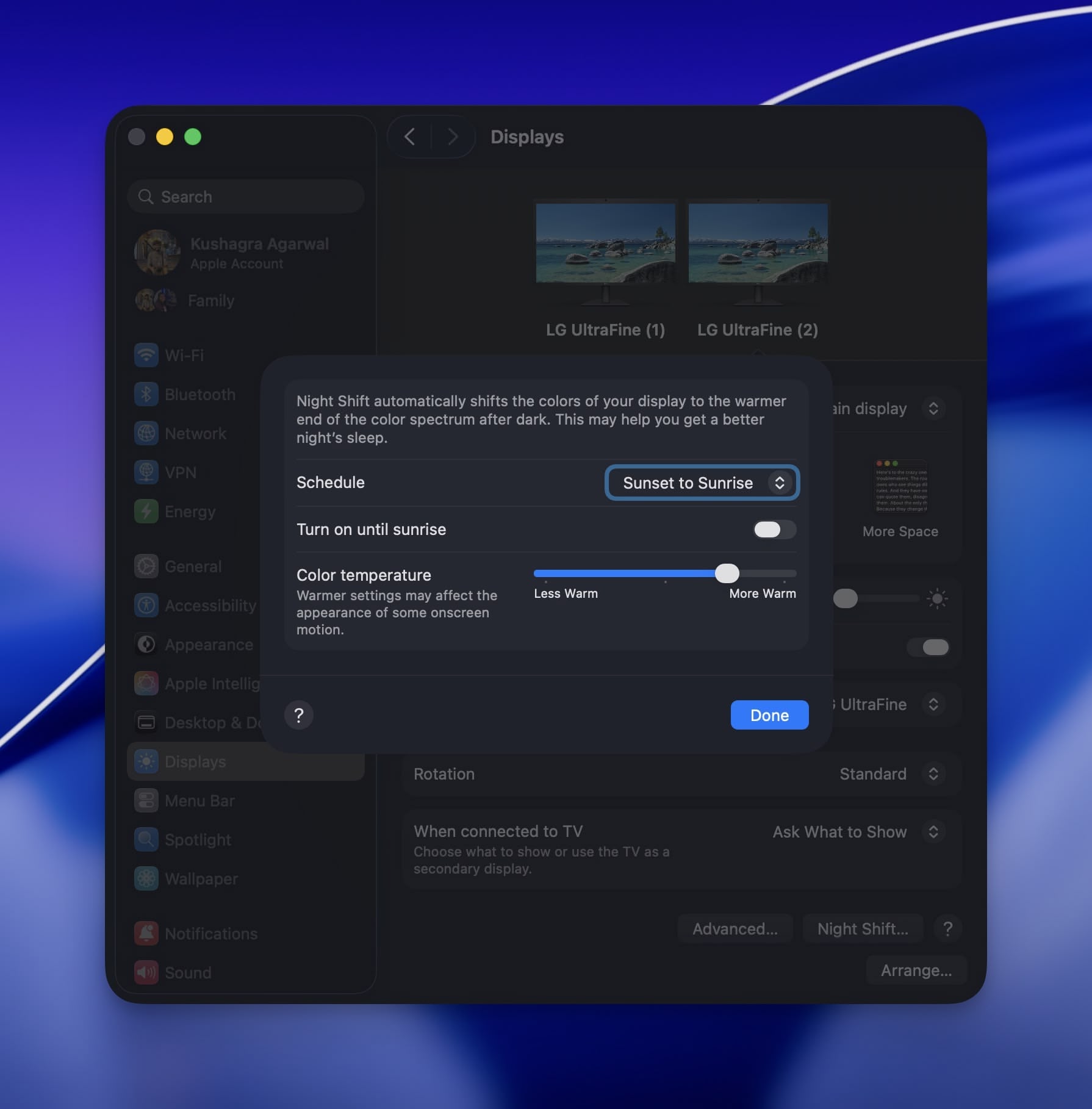 macOS System Settings showing the Displays pane with Night Shift options