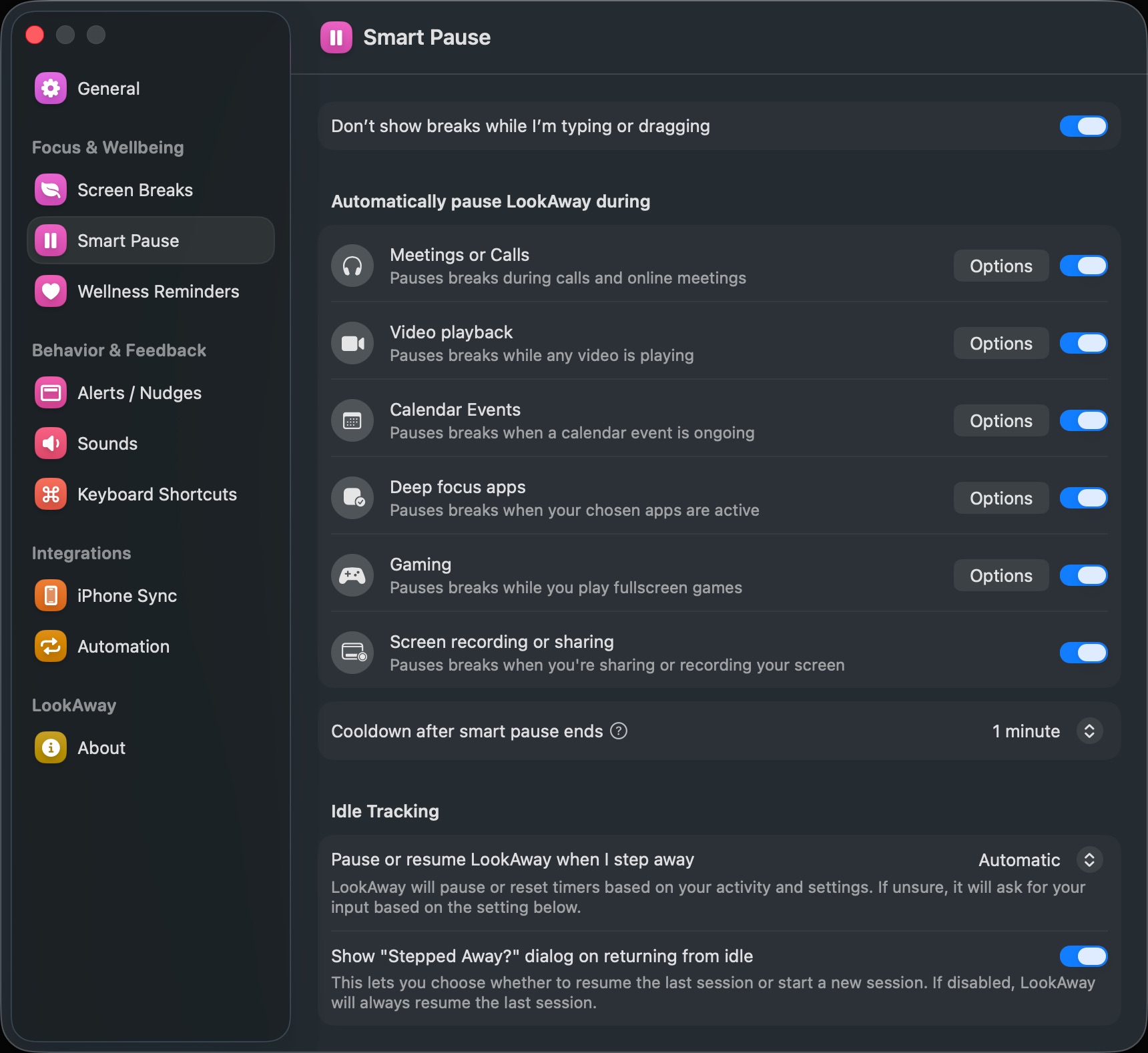 LookAway smart pause settings